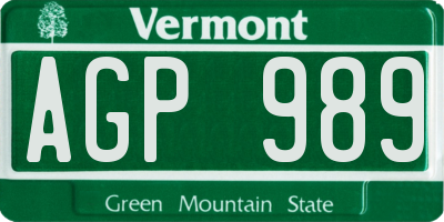 VT license plate AGP989