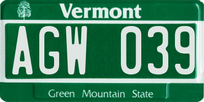 VT license plate AGW039