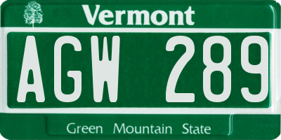 VT license plate AGW289