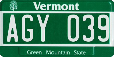 VT license plate AGY039