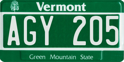 VT license plate AGY205