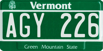 VT license plate AGY226