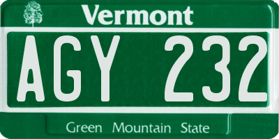 VT license plate AGY232
