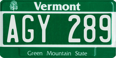 VT license plate AGY289