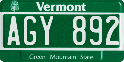 VT license plate AGY892