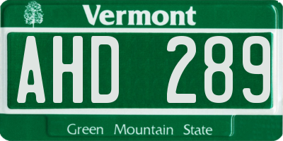 VT license plate AHD289