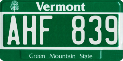 VT license plate AHF839