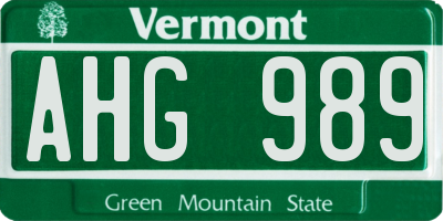 VT license plate AHG989