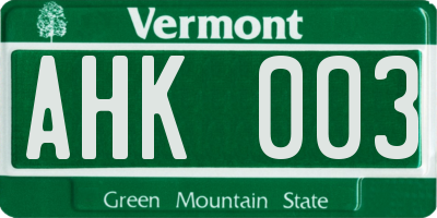 VT license plate AHK003