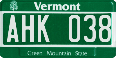 VT license plate AHK038