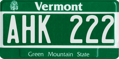 VT license plate AHK222