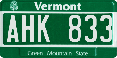 VT license plate AHK833