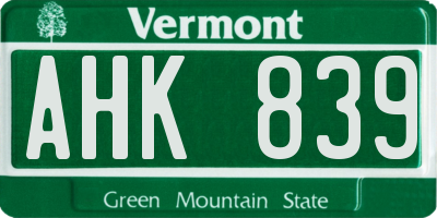 VT license plate AHK839