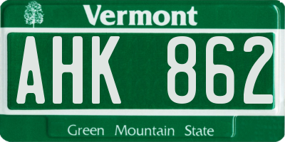 VT license plate AHK862
