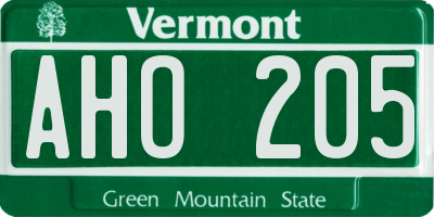 VT license plate AHO205
