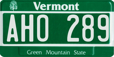VT license plate AHO289