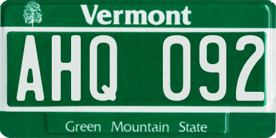 VT license plate AHQ092