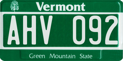 VT license plate AHV092
