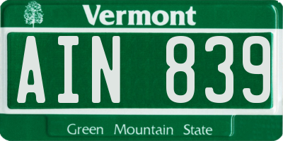 VT license plate AIN839