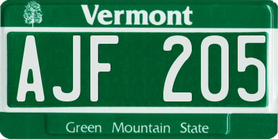 VT license plate AJF205