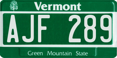 VT license plate AJF289