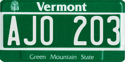 VT license plate AJO203