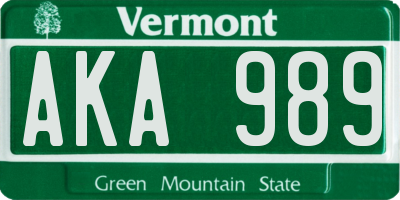 VT license plate AKA989