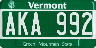 VT license plate AKA992
