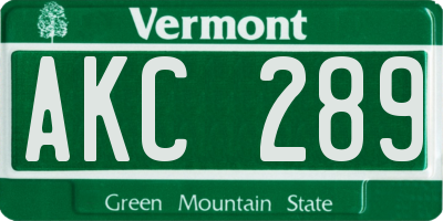 VT license plate AKC289