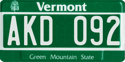 VT license plate AKD092
