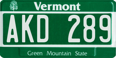 VT license plate AKD289