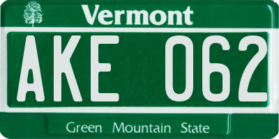 VT license plate AKE062