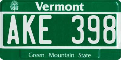 VT license plate AKE398