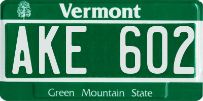 VT license plate AKE602