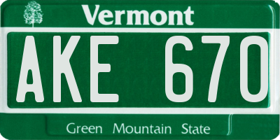 VT license plate AKE670
