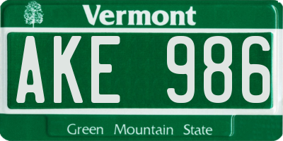 VT license plate AKE986