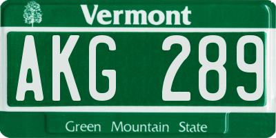 VT license plate AKG289
