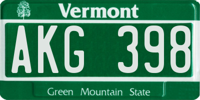 VT license plate AKG398