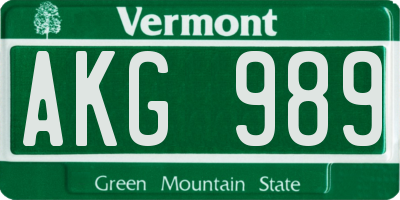 VT license plate AKG989