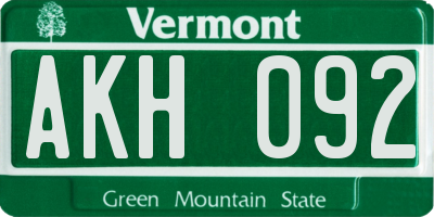 VT license plate AKH092