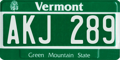 VT license plate AKJ289