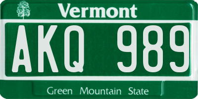 VT license plate AKQ989