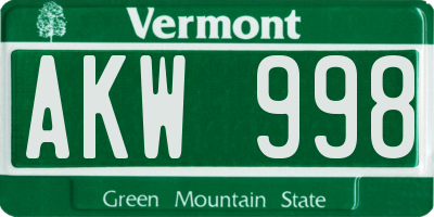 VT license plate AKW998