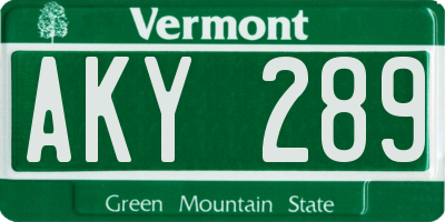 VT license plate AKY289