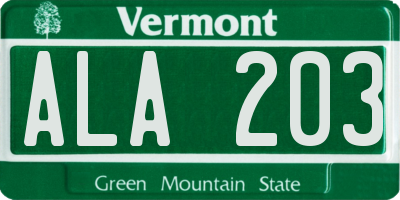 VT license plate ALA203