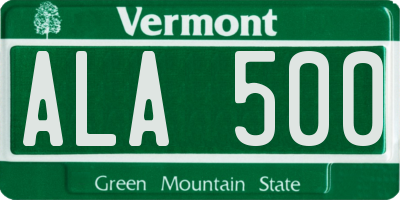 VT license plate ALA500