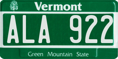 VT license plate ALA922