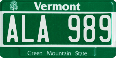 VT license plate ALA989