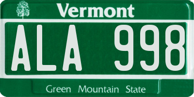 VT license plate ALA998