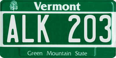 VT license plate ALK203